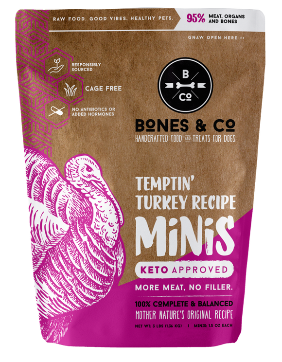 Bones & Co. Temptin' Turkey Recipe Raw Frozen Mini Patties Dog Food